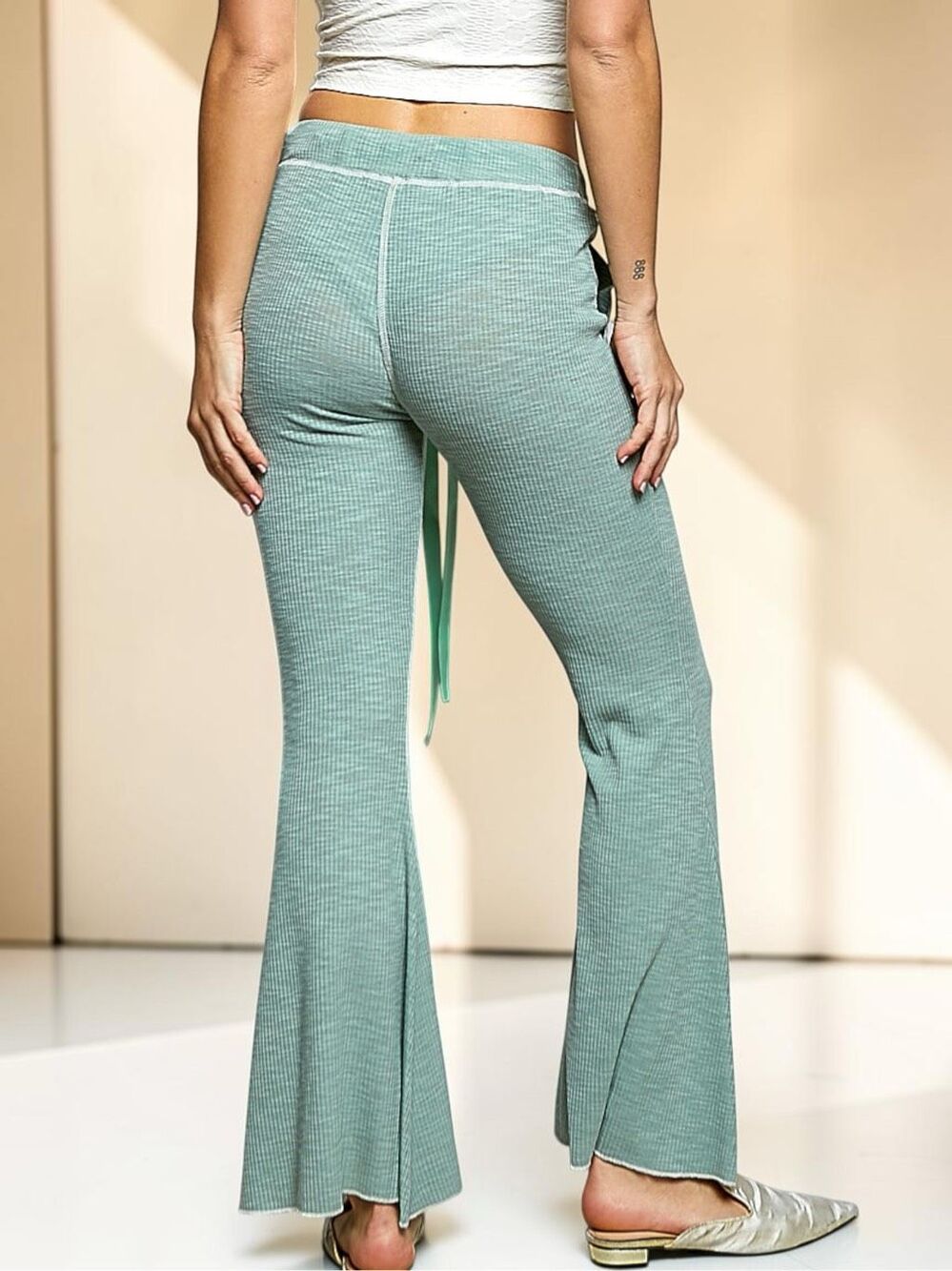 POL Drawstring Ribbed Knit Flare Lounge Pants | Wide Leg | Pale Sage | Pockets - Picture 8 of 11